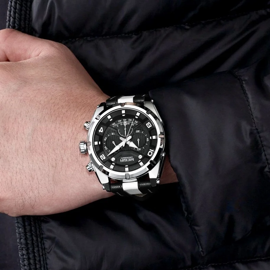 Часы MEGIR Мужские кварцевые с хронографом модные спортивные аналоговые кожаным