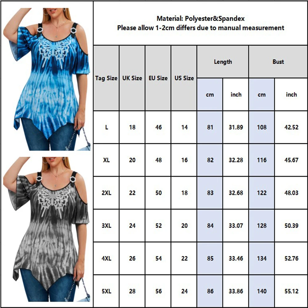 Blusa de talla grande con estampado de mariposa para verano, camisa con hombros descubiertos y dobladillo Irregular para mujer, D30