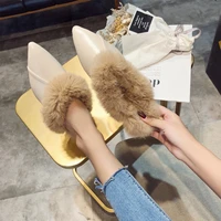 2022 new autumn and winter womens shoes leather plus velvet rabbit fur shoes korean fashion low with single zapatillas mujer