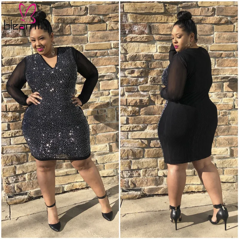 Летние сексуальные Клубные женские платья, OL Lady black, плюс размер, 4XL, 5XL, облегающее платье с блестками, женское Сетчатое Прозрачное платье с длинным рукавом, Vestido
