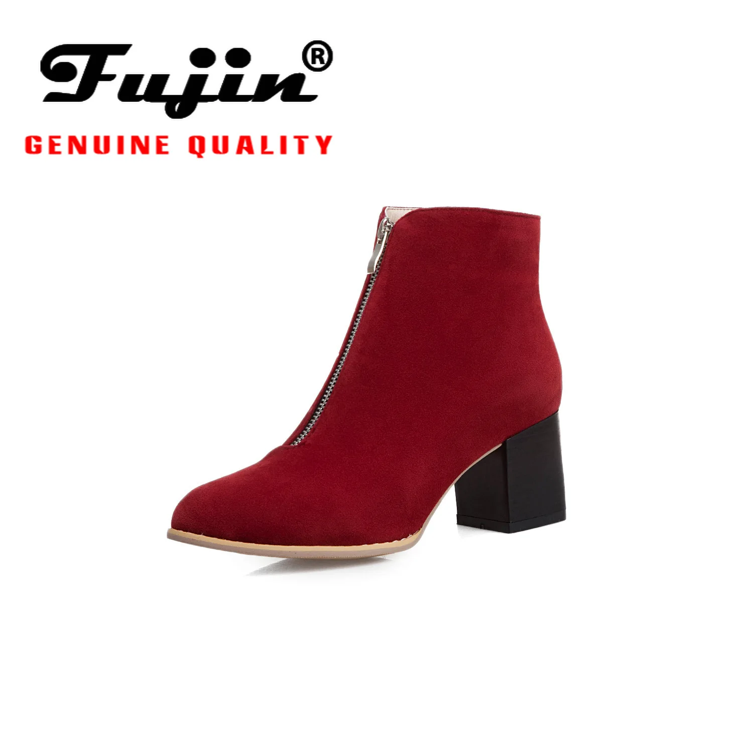 Fujin/осенние ботинки из флока на квадратном каблуке Женская обувь молнии