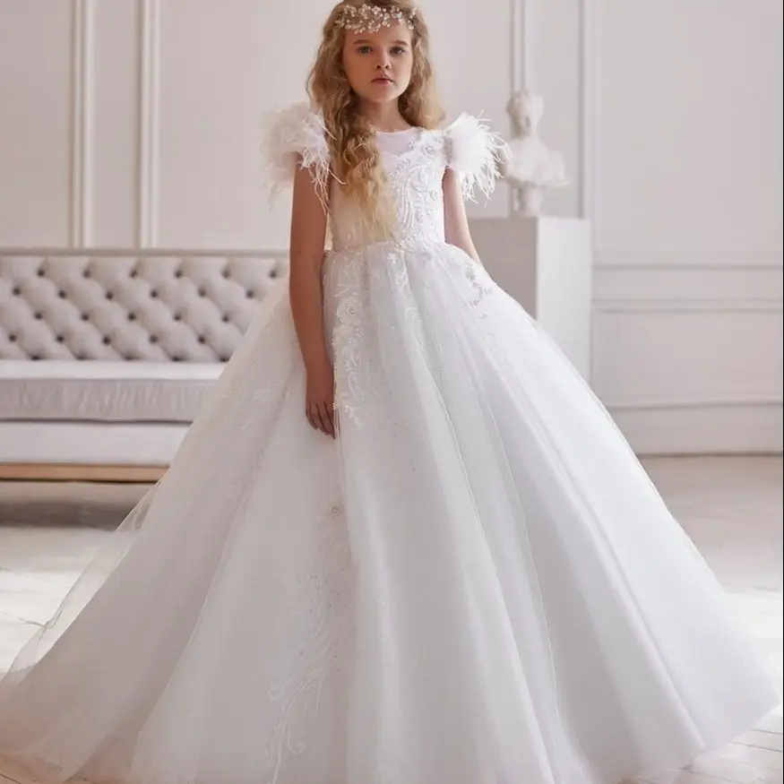 

2021 Little Princess Flower Girl Dresses For Wedding Jewel Neck Feather Toddler Pageant Gowns Beaded Birthday Party Wear