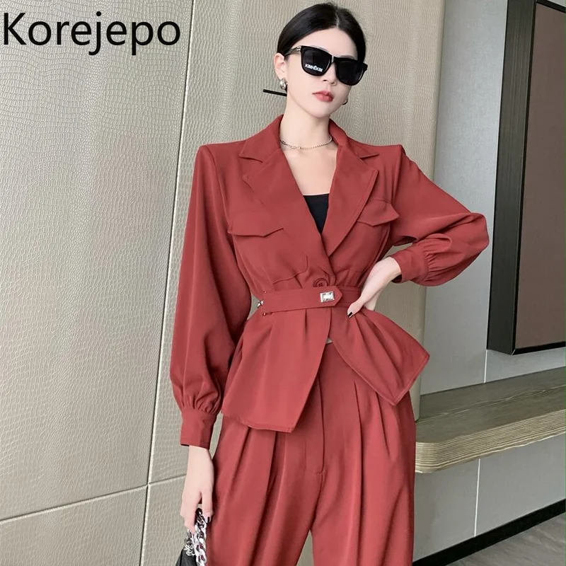 

Korejepo Women Blazers 2021 Autumn Winter New Korean Style Suit Female Retro Chic Long-sleeved Suit Jacket Wide-leg Pants Suit