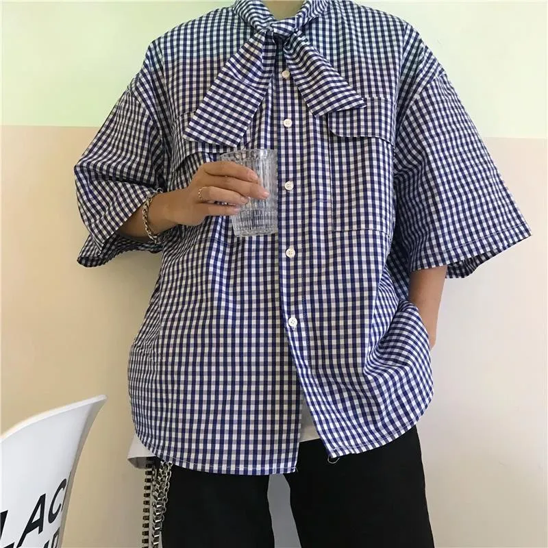 

Men Cotton Blouse Half Sleeved Square Collar Korean New Vintage plaid shirts knotted tie shirts Tops Single Button male Cardigan