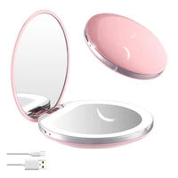 mini round makeup mirror with led light portable pocket hand held 3x magnifying usb rechargeable make up beauty tool for travel