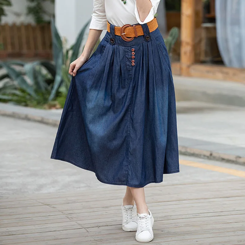 Юбка макси Женская из денима повседневная трапециевидная юбка плиссированная
