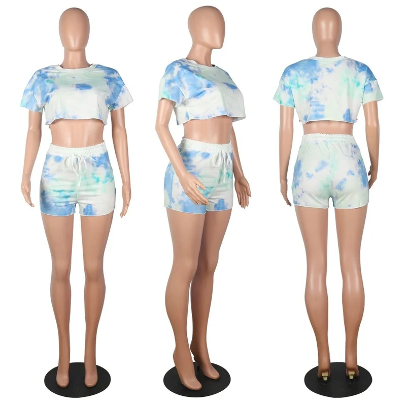 

Tie Dye Shorts Sleeve Sexy Crop Tops and Fashion Shorts Casual Homewear Two Piece Set for Women 2 Piece Sets Outfits for Women