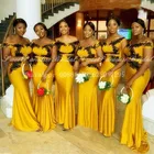 Золотисто-желтое длинное платье русалки для подружки невесты с черной аппликацией с открытыми плечами женское платье подружки чести для свадебной вечеринки