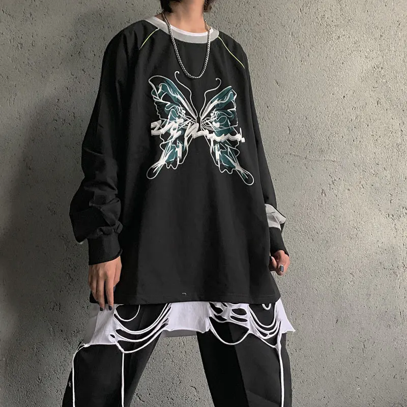 Уличная Harajuku негабаритная Бабочка печать унисекс пара Лоскутная Толстовка