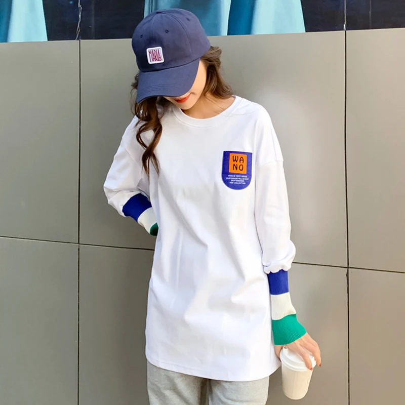 

White Bottoming Shirt for Women 2021 Spring New Loose Korean Style Large Size Casual Mid-Length Long Sleeve Pure Cotton T-shirt