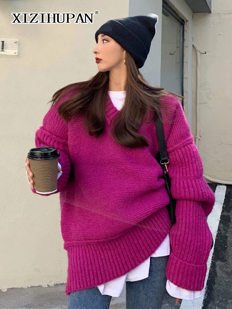 

XIZIHUPAN Minimalist Solid Knitting Sweater For Women V Neck Long Sleeve Korean Fashion Yellow Sweaters Female Autumn 2021 Style