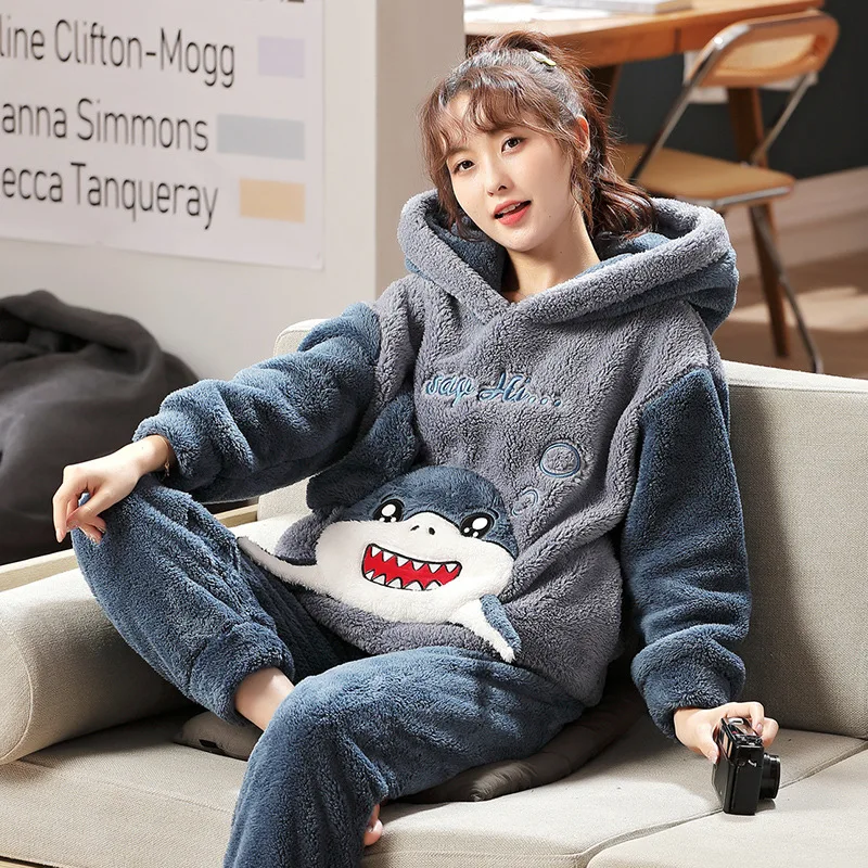 2 Piece Pajama Set Women Winter Autumn Winter Long Sleeved Hooded Cartoon Plus Velvet Padded Home Service Cute Korean Pajamas