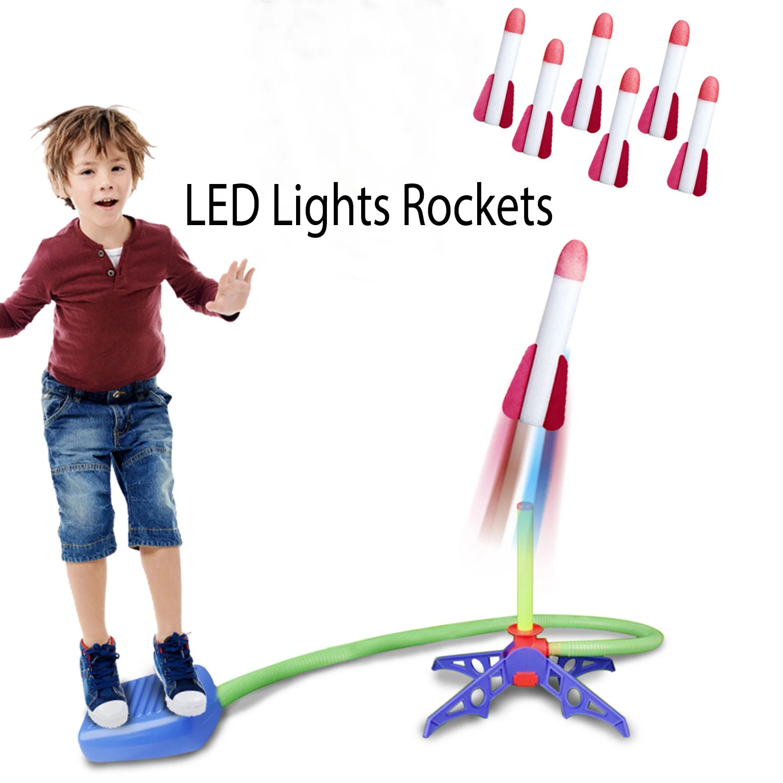 

Led Lights Foam Rockets Kid Air Pump Jump Stomp Blower Foam Gun Model Launch Launcher Rocket Pop Up Toy Sports Toys For Children