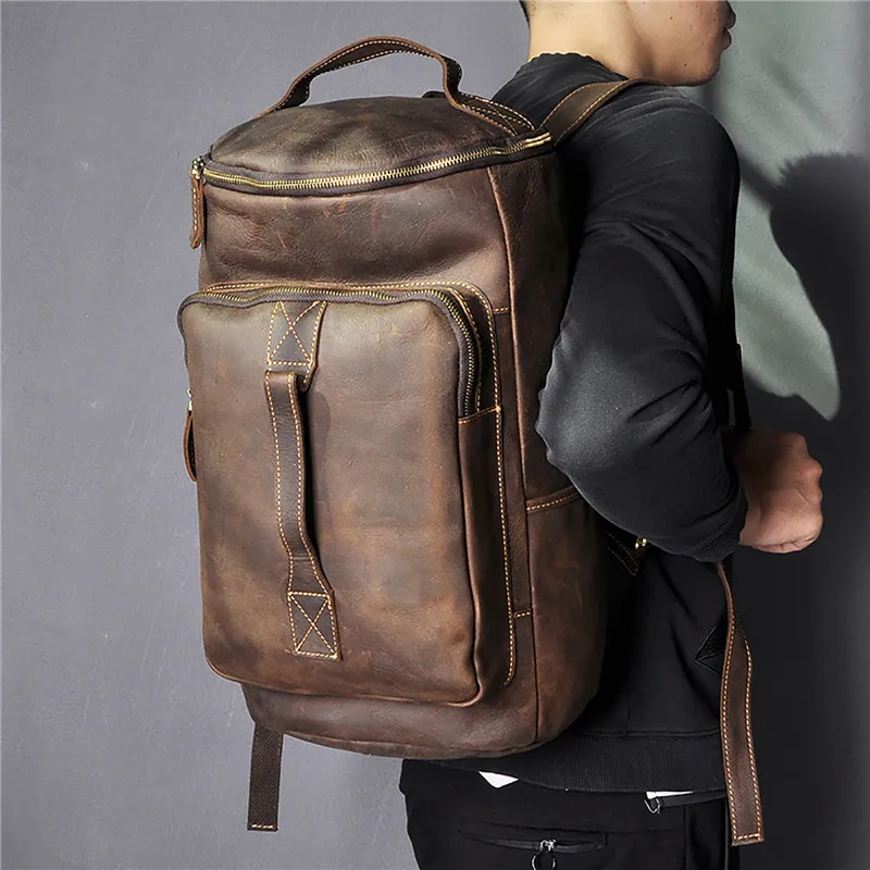 

Original retro men's travel fitness bag leather bucket bag 14 inch computer bag leather backpack cylinder bag