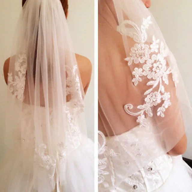 

1T White Ivory Lace Appliques And Rhinestone Bridal Veil with Comb Wedding Veil 2020