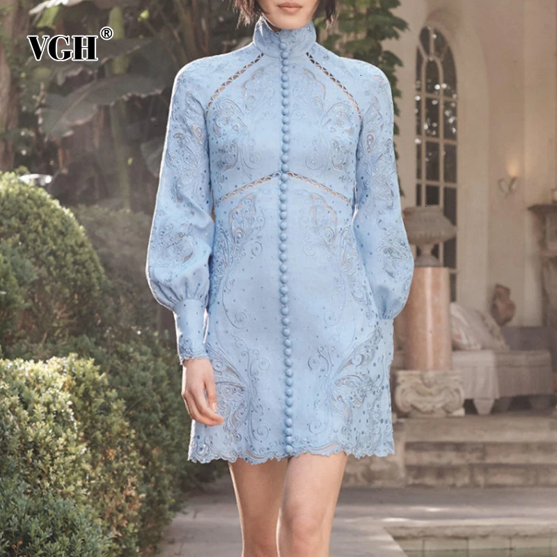 Женское ажурное платье VGH лоскутное кружевное с вышивкой воротником стойкой и