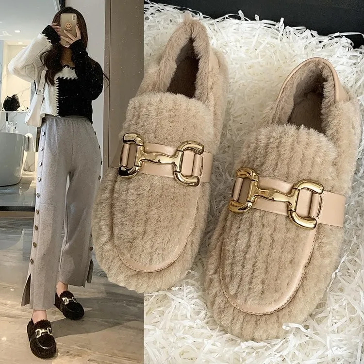 

Женские ботинки с металлическими цепочками, зимние меховые ботинки, Нескользящие удобные плюшевые Мокасины, Женская хлопковая обувь на пло...