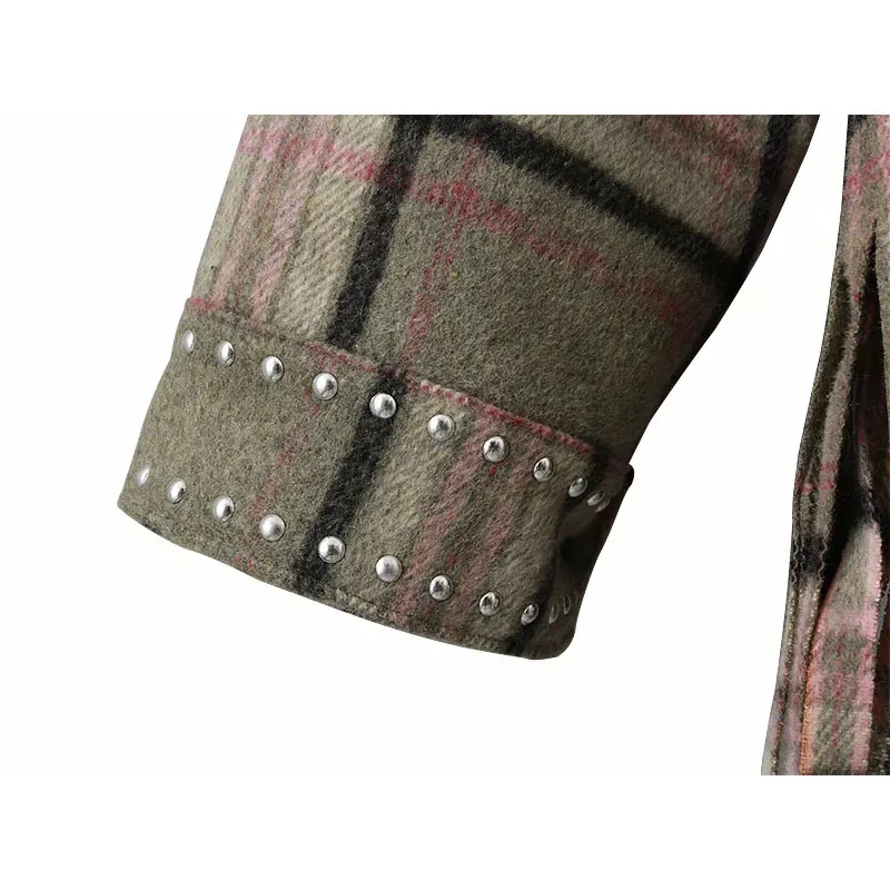 

Vintage Chic Green Plaid Tassel Shirt Jacket Women Fashion Rivet Pockets Single Breasted Lapel Collar Coat Outerwear