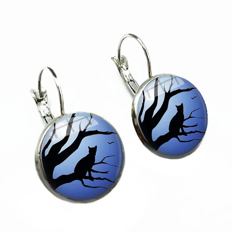 Кошка под синим ночным небом ручной работы Круглый купол стеклянный Серьги