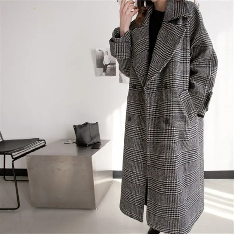 

Chic Thick Plaid Elegant Coat Woolen Streetwear Warm Windbreaker 2021 Winter Women Trench Fashion Long Female Plus Size Overcoat