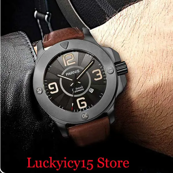 Крутые мужские часы PARNIS с сапфировым кристаллом 47 мм самообмоткой pvd покрытием