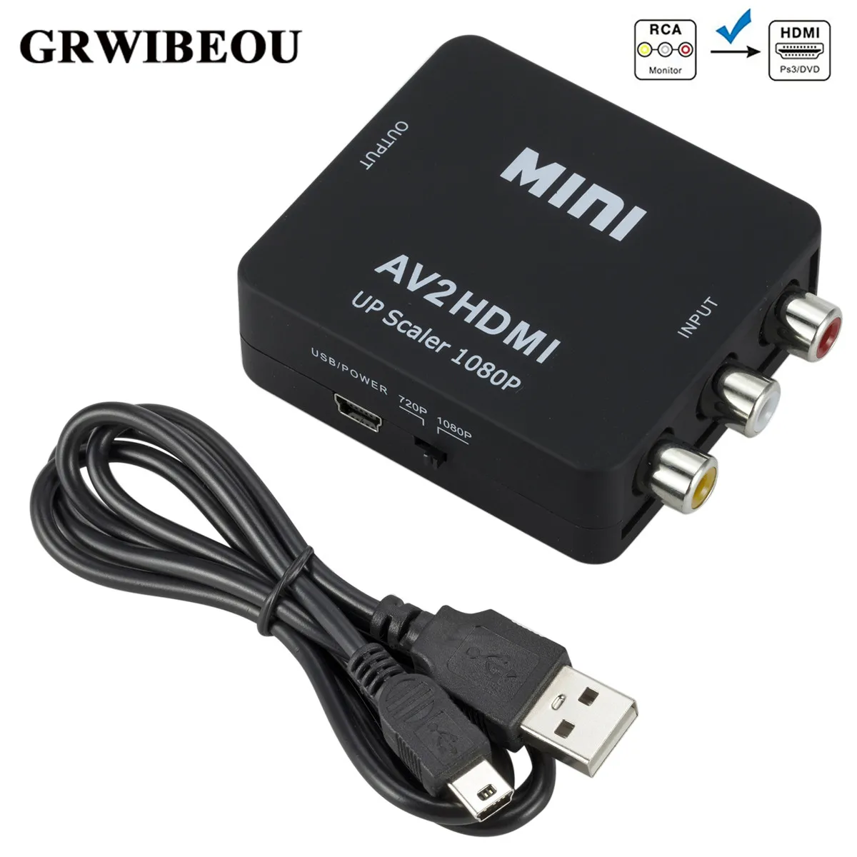 Grwibeou RCA AV to HDMI Converter High Quality HD 1080P AV 2 HDMI Adapter For TV X box PS4 PC DVD Projector AV To HDMI Converter