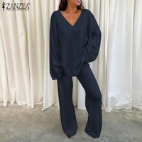 women casual solid sets zanzea 2022 kaftan long sleeve blouses and pants female tops elastic waist trousers matching 2pcs sets