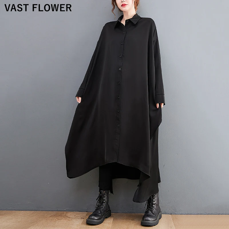 

Женское винтажное платье-рубашка, черное свободное Повседневное платье большого размера с длинным рукавом, осень 2023
