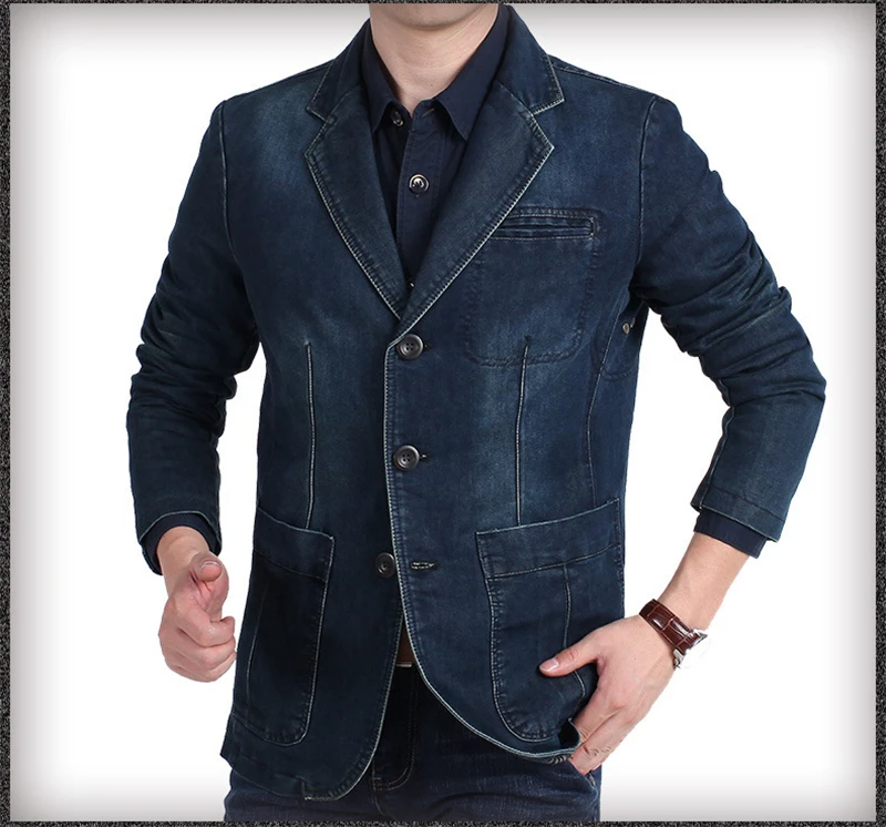 

Мужской блейзер из хлопка и джинсовой ткани, Повседневная приталенная куртка, брендовая одежда большого размера, M-XXXL, Осень-зима 2019