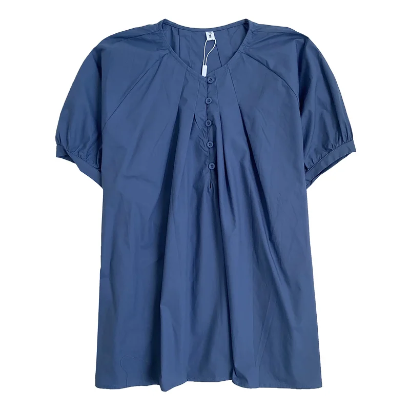

Raglan Bubble Sleeve Blue Shirts Women Button V Neck Breasted Pleated Loose Thin Shirt