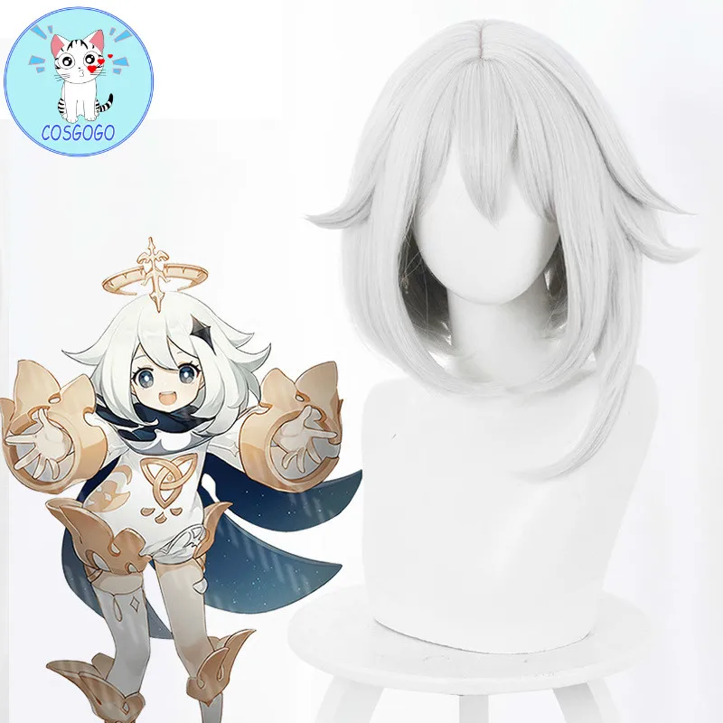 

Genshin воздействия Paimon Косплэй парик белые короткие термостойкие синтетические волосы Хэллоуин вечерние ролевая игра + бесплатная парик Кепки