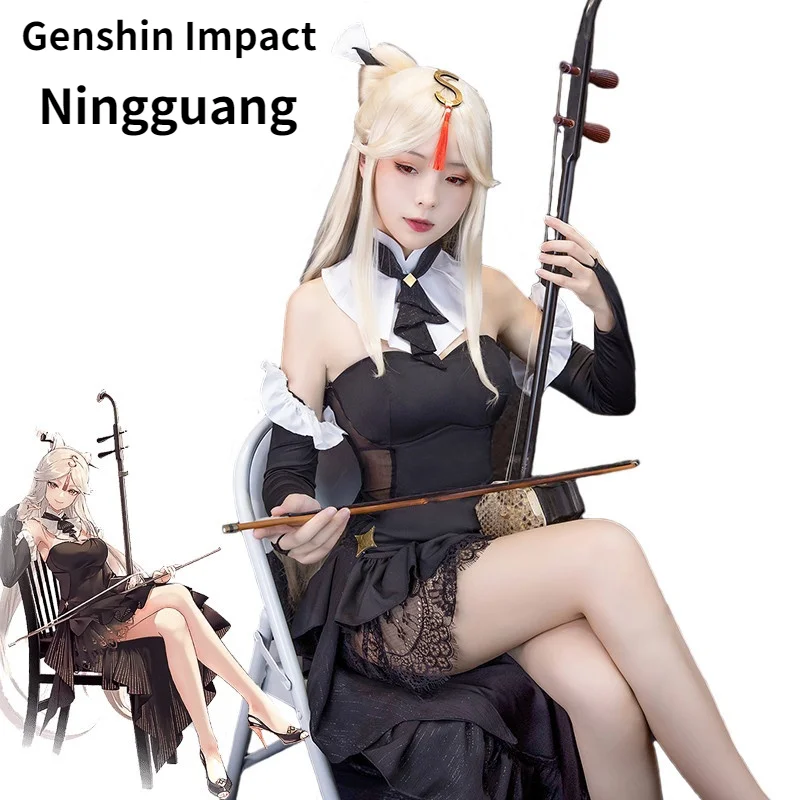

Anime Game Genshin Impact Ningguang Cosplay Costume Concert Ningguang Sexy Women Party Dress Halloween Sleeve Tie Full Set Wig