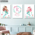 Океан Русалка художественный постер с именем на заказ Печать на холсте для детской стены художественные картины скандинавские постеры картины украшение комнаты для девочки