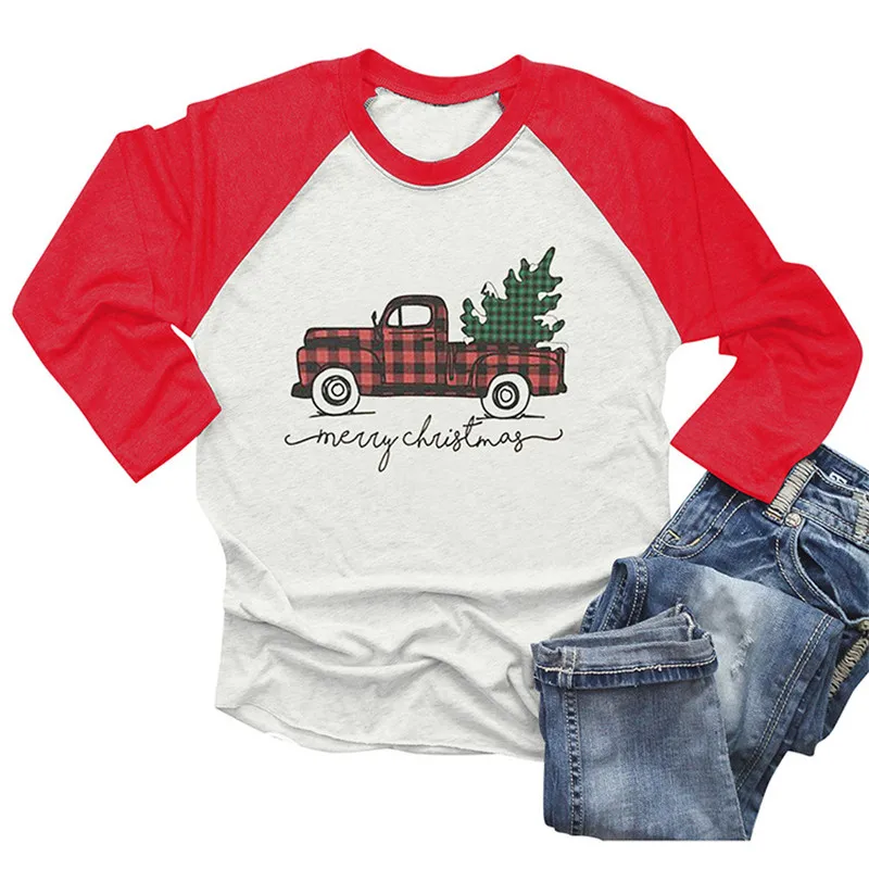 

Merry Christmas Letter Print O-neck Raglan Sleeve T-shirt Ladies Clothes Women T shirt Cute Car Christams Trees Graphic Tshirts