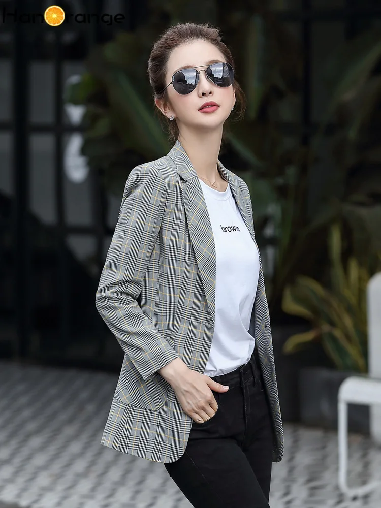 HanOrange осень 2020 с длинным рукавом шикарный женский клетчатый пиджак на одной