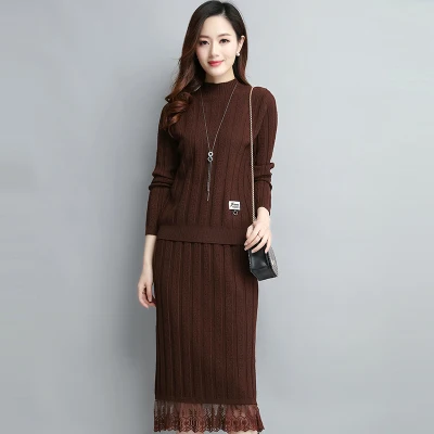 

Suit skirt female knitting autumn new solid color long lace bottom sweater bottoming shirt two-piece