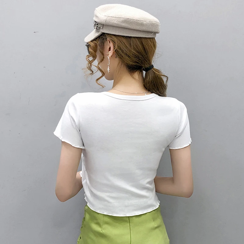 

O Neck Long Sleeve Shirt Women Lace Up Sexy Cropped Tops 2021 Summer Black Casual Skinny Slim Basic Woman T Shirts White