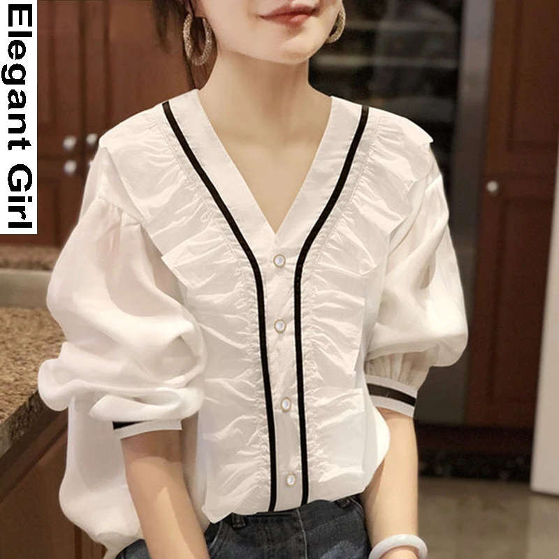 2021 Модные женские блузки рубашки элегантное платье с длинными рукавами и Ruffless