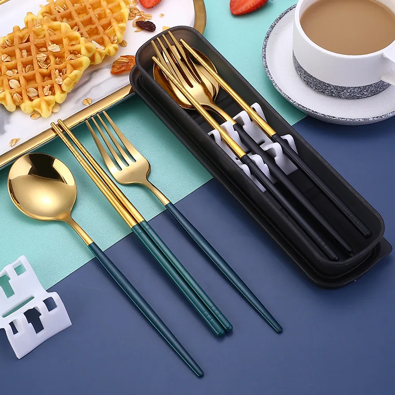 

3Pcs/set Gold Cutlery Set Stainless Steel Dinnerware Portable Silverware Flatware Set Dinner Chopstick Fork Spoon Dropshipping