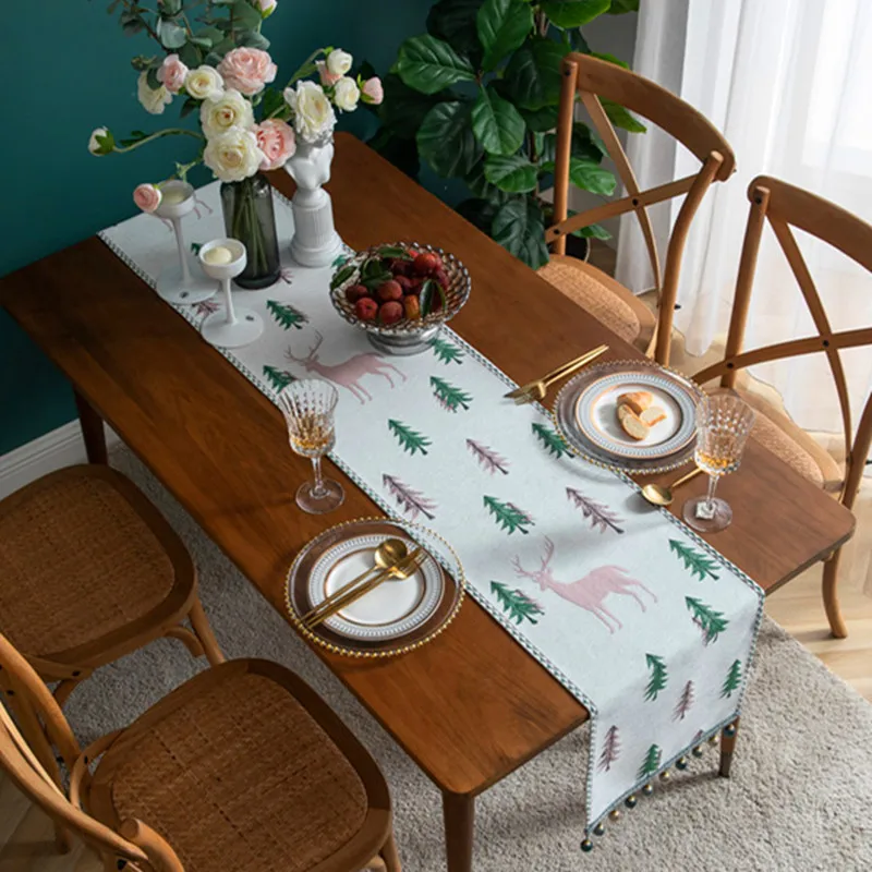 

Proud Rose Christmas Table Runner Chenille Tassel Table Cloth Table Runner Christmas Tree Embroidery Exquisite Home Decoration