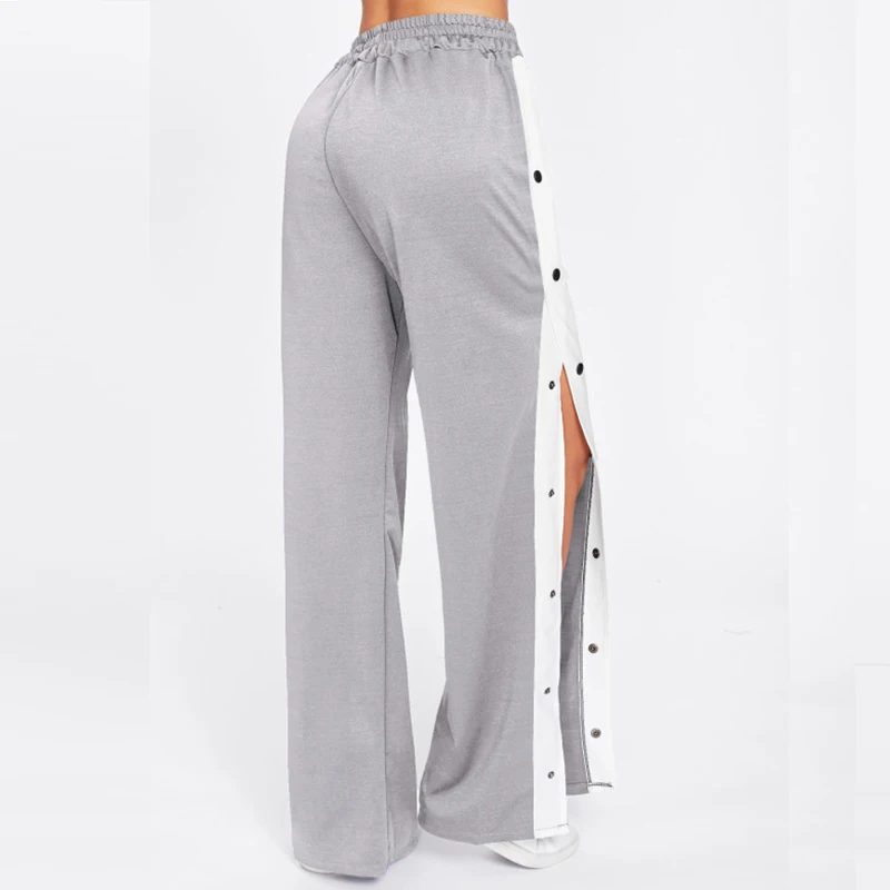 

Elastic High Waist Split Hit Color Loose Casual Trousers Women Striped Wide Leg Pants