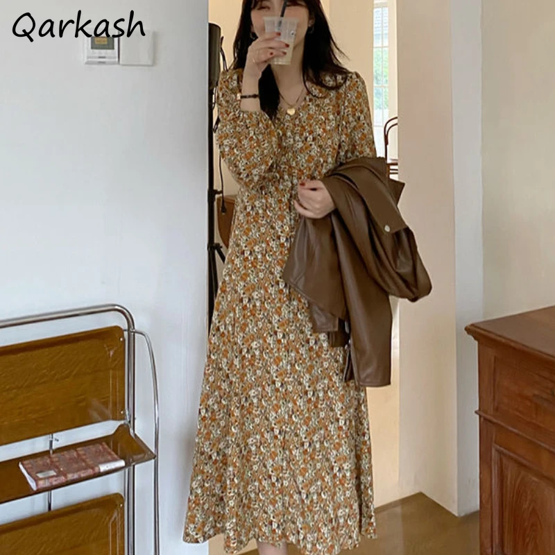 

A-line Dress Women Floral Elegant Female Long Sleeve Mujer Stylish Vestido Spring Vintage Holiday Tender Basic V-neck Harajuku