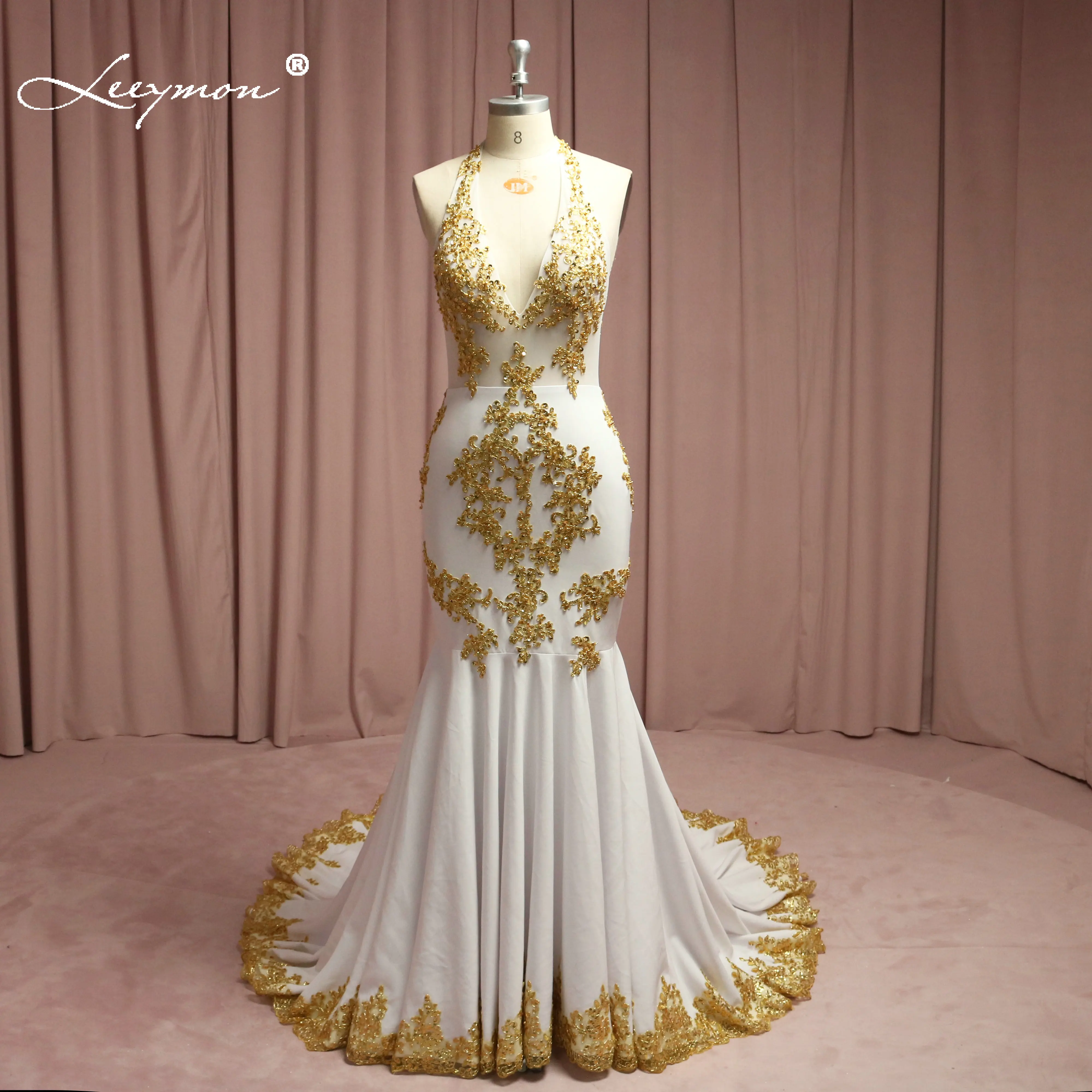 

Leeymon Mermaid Evening Dresses 2020 Chiffon Gold Lace Appliques Beaded Vestido De Festa Long Backless Dinner Party Dress