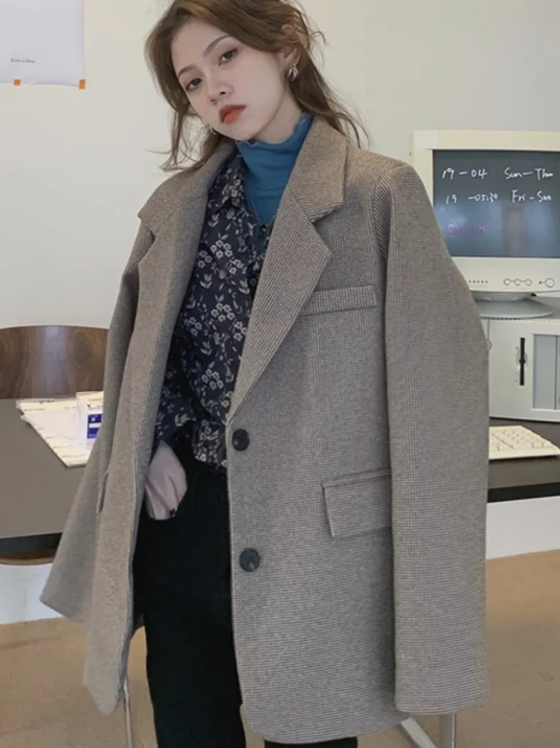 

Retro Plaid Woolen Long Coat Women Spring Autumn 2021 New Temperament Mid-length Suit Jacket Long-sleeved Single-breasted Top