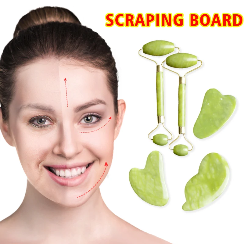 

Huiyun Natural Jade Stone Massager Roller Guasha Board Scraper Set For Face Lift Beauty Slimming Skin Relaxation Neck Thin Tools