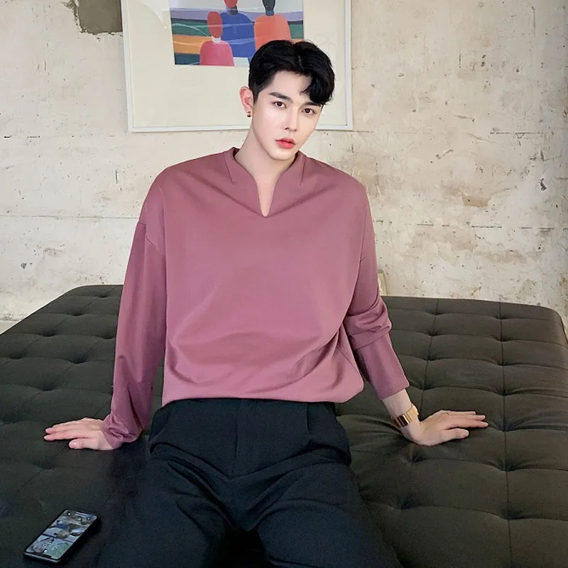 Мужская Осенняя однотонная Винтажная футболка с v образным вырезом и длинными