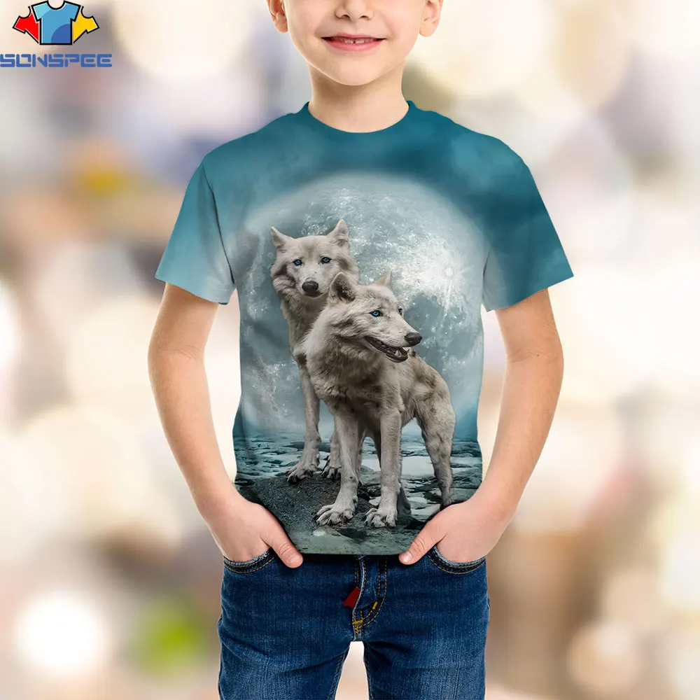 

Модная крутая детская футболка SONSPEE с рисунком волка для мальчиков и девочек, летняя повседневная футболка с 3D рисунком животных, модная фут...
