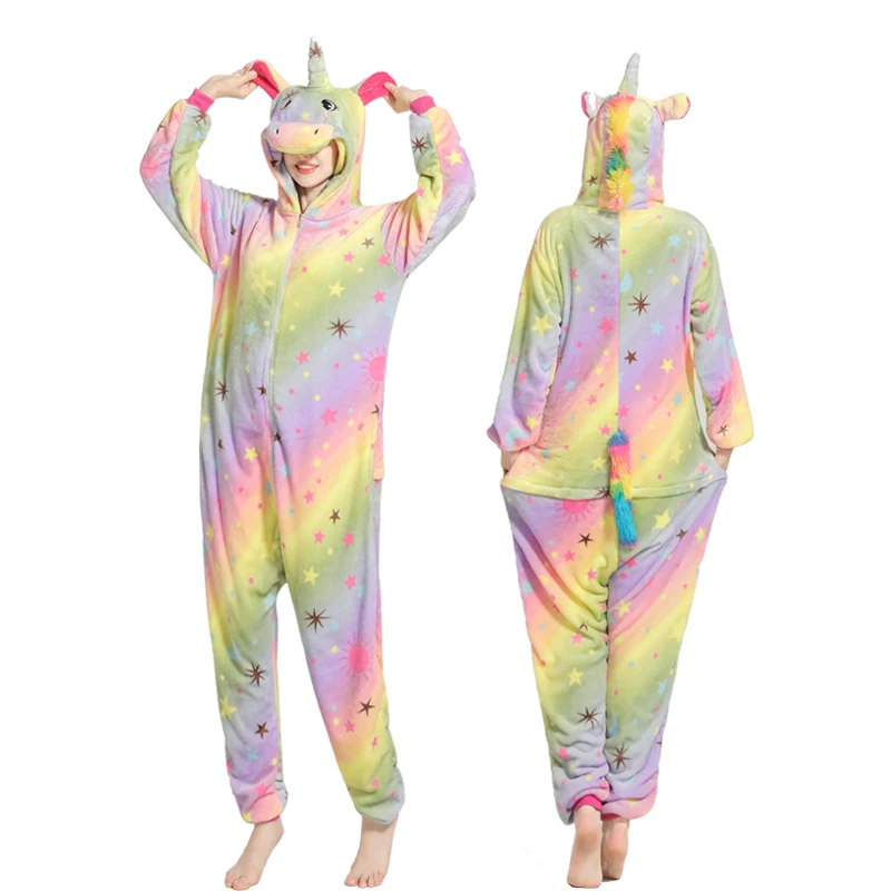 Yellow star unicorn Новинка, пижама единорог, женский комбинезон, кигуруми, панда, зимняя Фланелевая пижама, кигуруми, для взрослых, ночная рубашка, стежка, единорог, одежда для сна, комбинезоны - Цвет: Yellow star unicorn