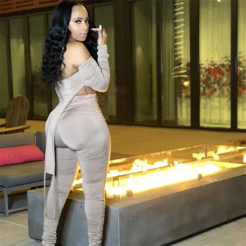 

Women Irregular Two-Piece Off Shoulder Zipper Backless High Waist Suits Sportswear Slim Streetwear Casual Pleated Solid Set