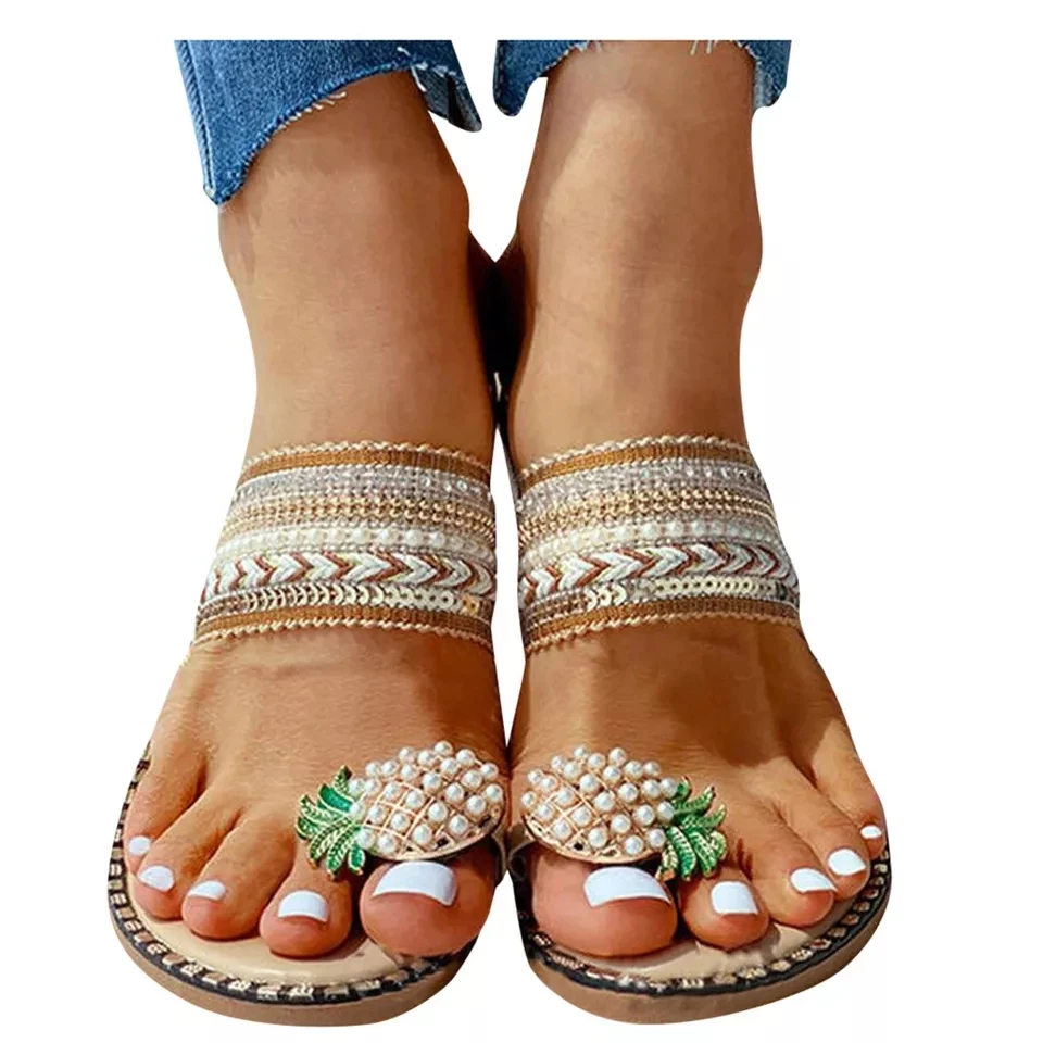 Женские Вьетнамки Сезон лето Тапочки на плоской подошве в богемном стиле Пляжная